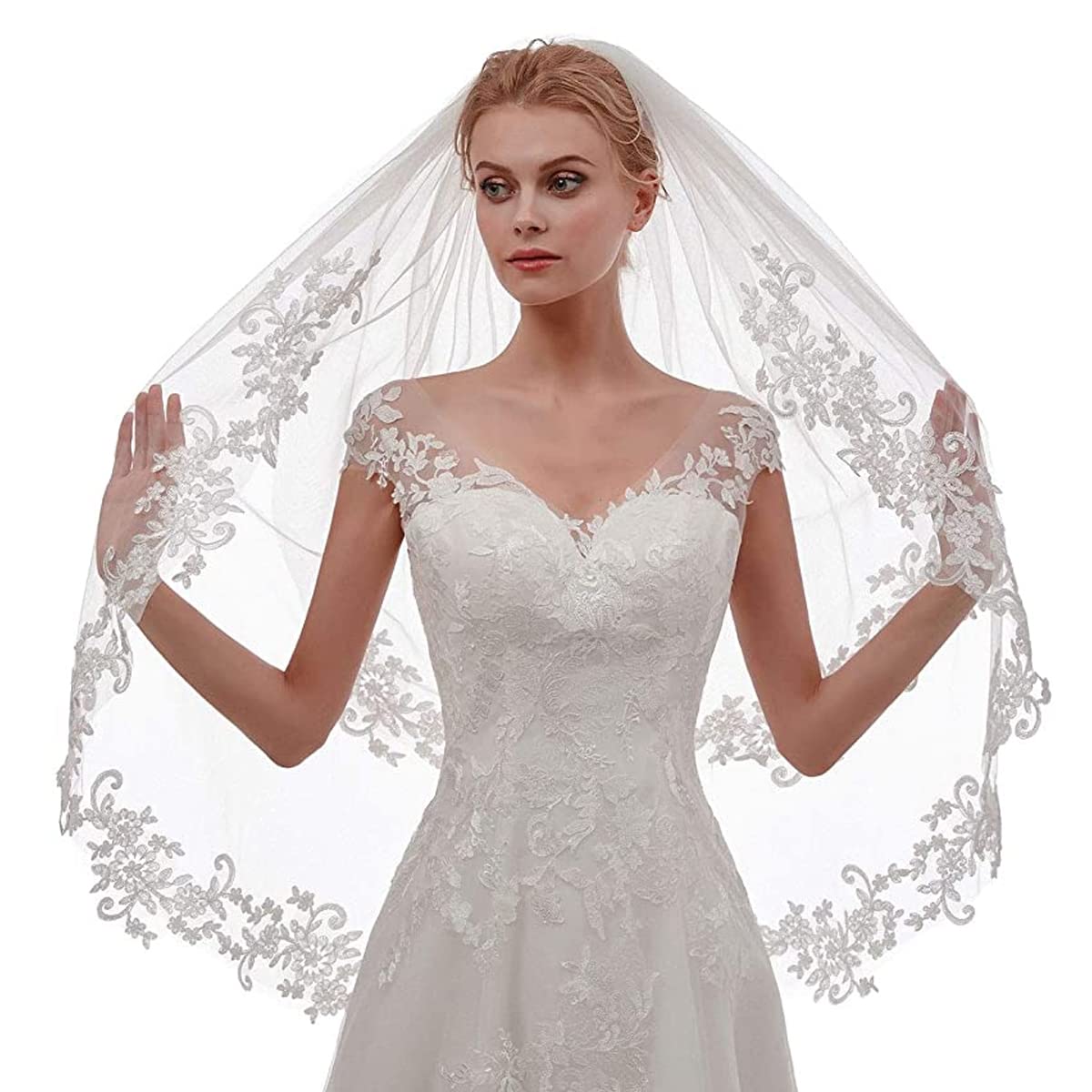 PALAY Wedding Veil 1.5m Lace Edge Bridal Veil Pure White Veil for Wedding Bride, Women Tulle Short Veil for Wedding Bachelorette Party PALAY Wedding Veil 1.5m Lace Edge Bridal Veil Pure White Veil for Wedding Bride, Women Tulle Short Veil for Wedding Bachelorette Party
